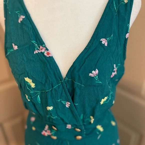 Row A teal floral double breasted gold button lined rayon midi dress size M. - Picture 4 of 9